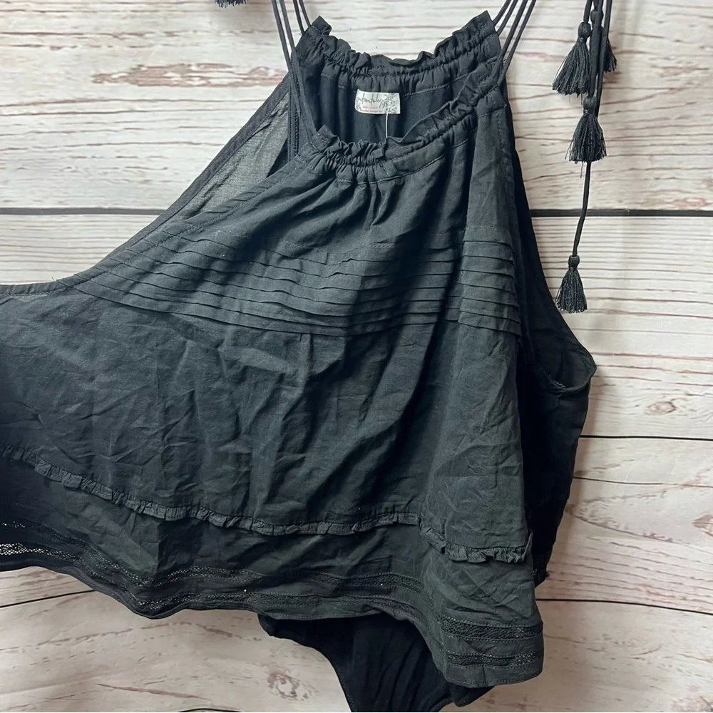 🔥Hp🔥Nwt Free People Intimately Black Trust Me Bodysuit Ruffle Tassel Top Small
